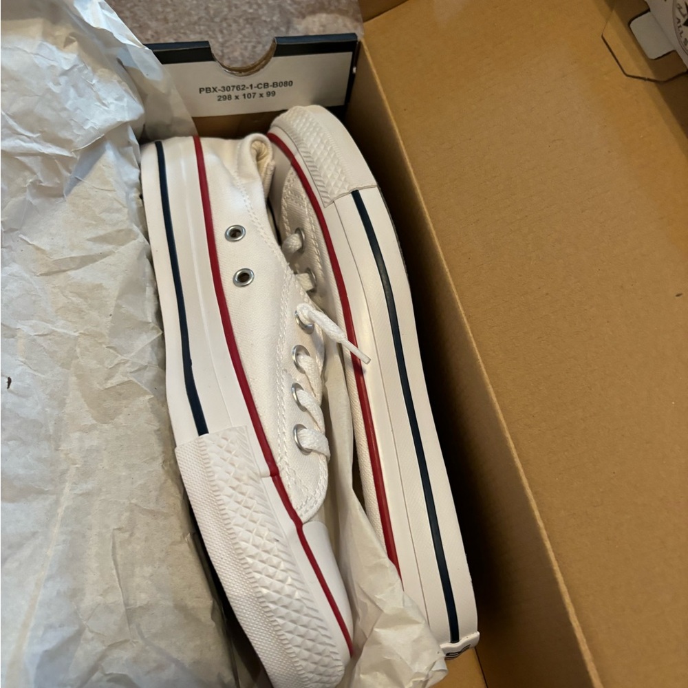 Converse White Sneakers with Red and Blue Stripes